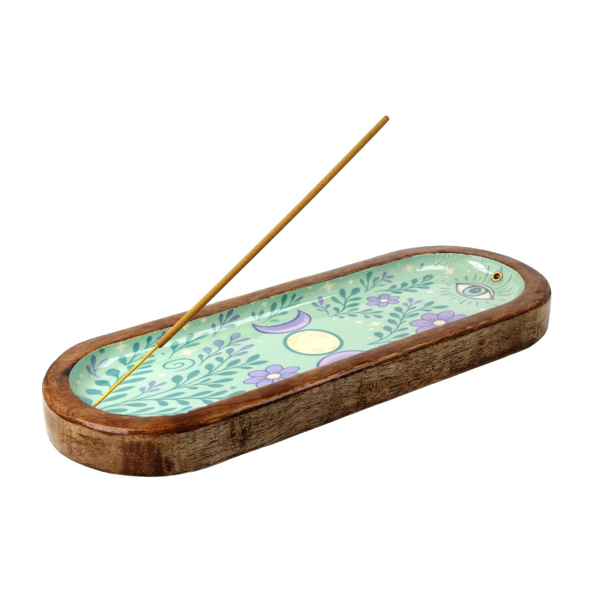 Wierookbrander maan turquoise schaaltje mangohout (28x9,5cm)