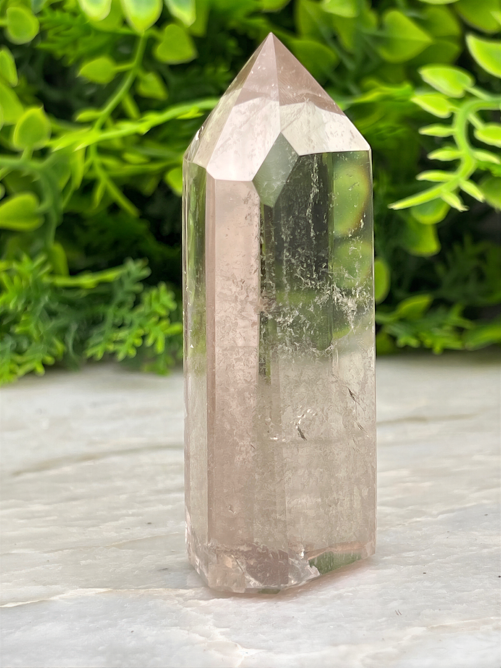 A clear quartz crystal sits on a white surface, surrounded by lush green foliage.