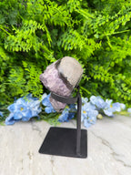 a purple crystal or gemstone surrounded by lush green foliage and blue flowers, creating a visually appealing and harmonious composition.