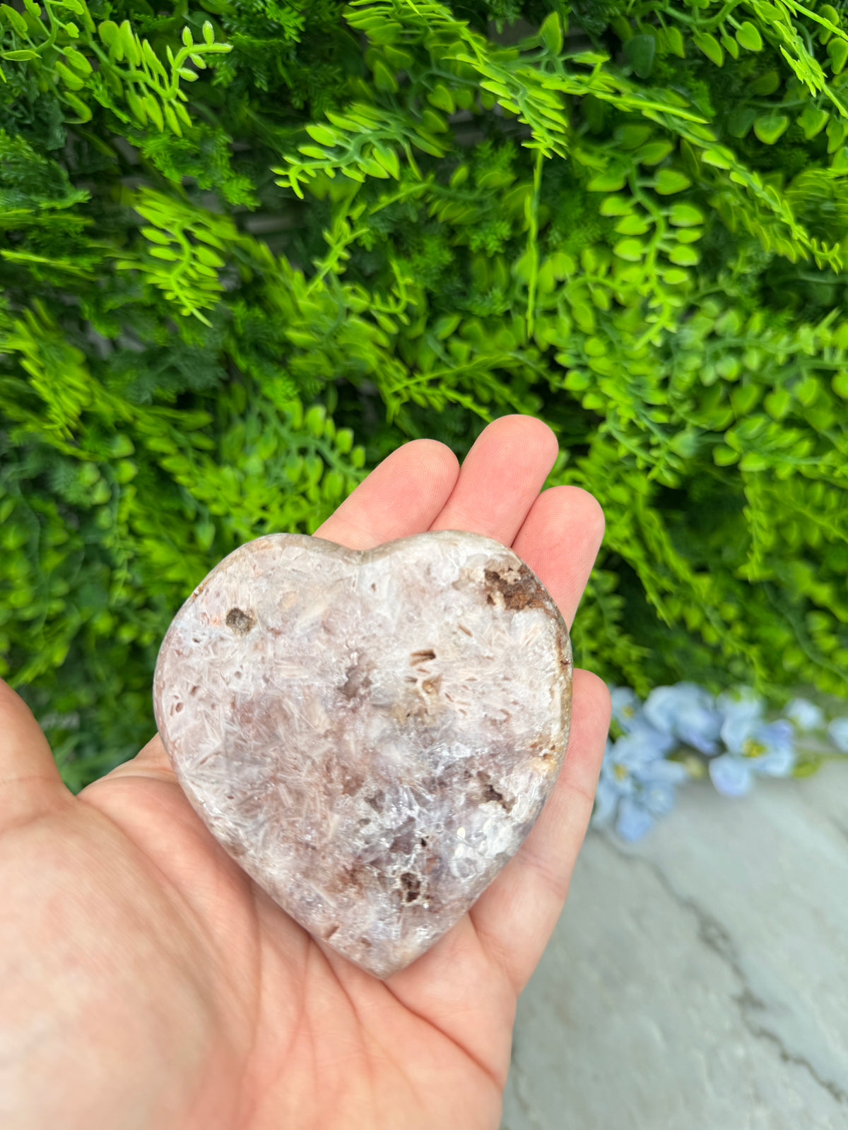 A hand holding a heart-shaped rock against a backdrop of lush green foliage.