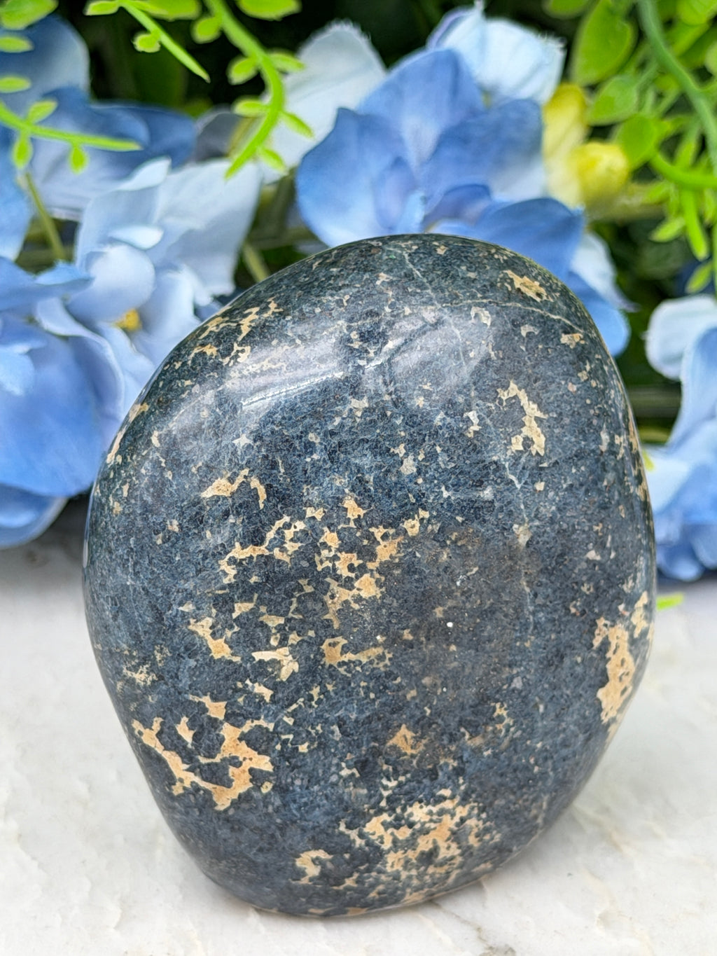 A close-up image of a black, speckled rock resting on a white surface, with blue flowers in the background.
