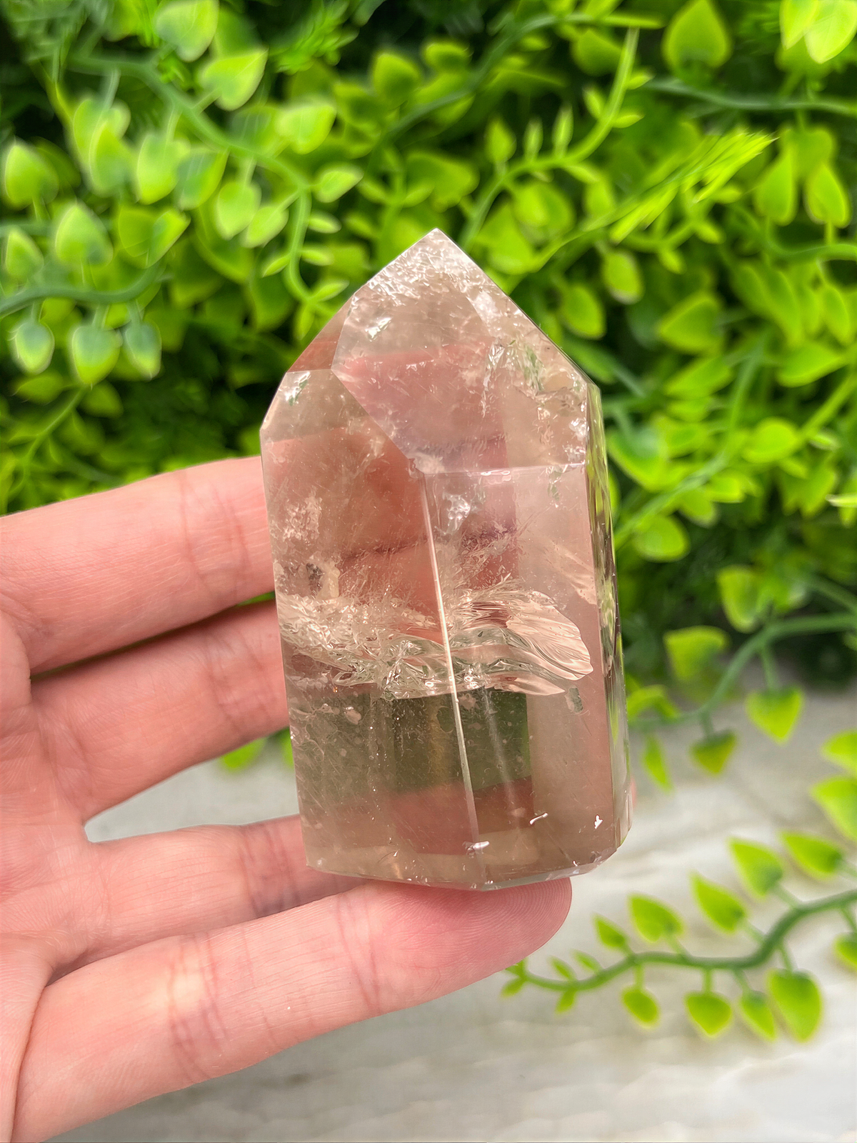 A hand holding a clear crystal with a pointed top, set against a background of green foliage.