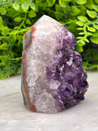A jade crystal with purple amethyst crystals growing on it, set against a backdrop of green foliage.