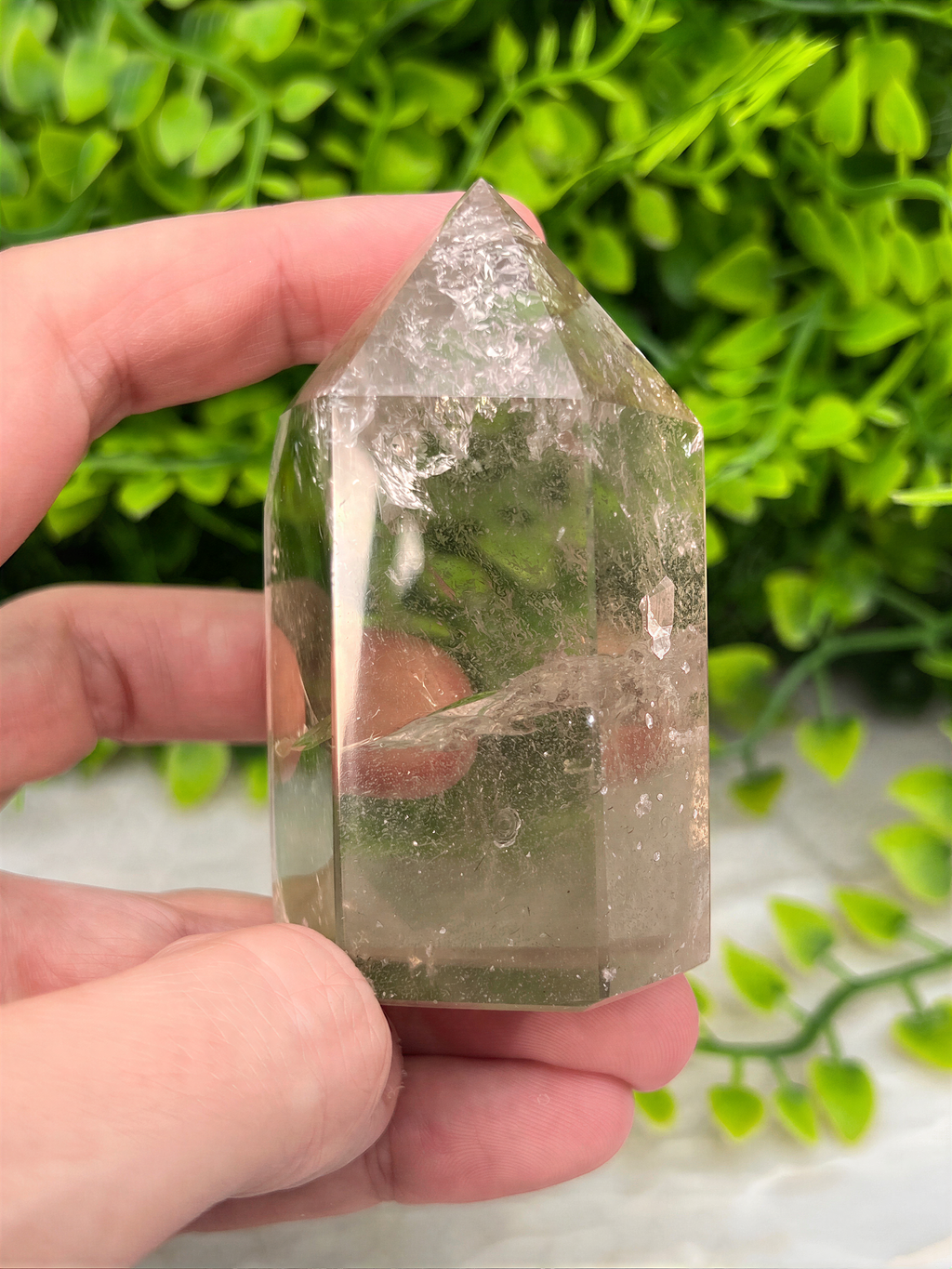 A hand is holding a clear crystal with a pointed top, set against a background of green foliage.