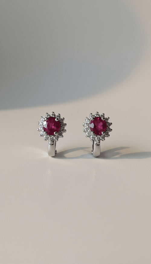 925 Sterling Silver Earrings with Ruby-Red Cubic Zirconia and Halo by KEY LIME STORE