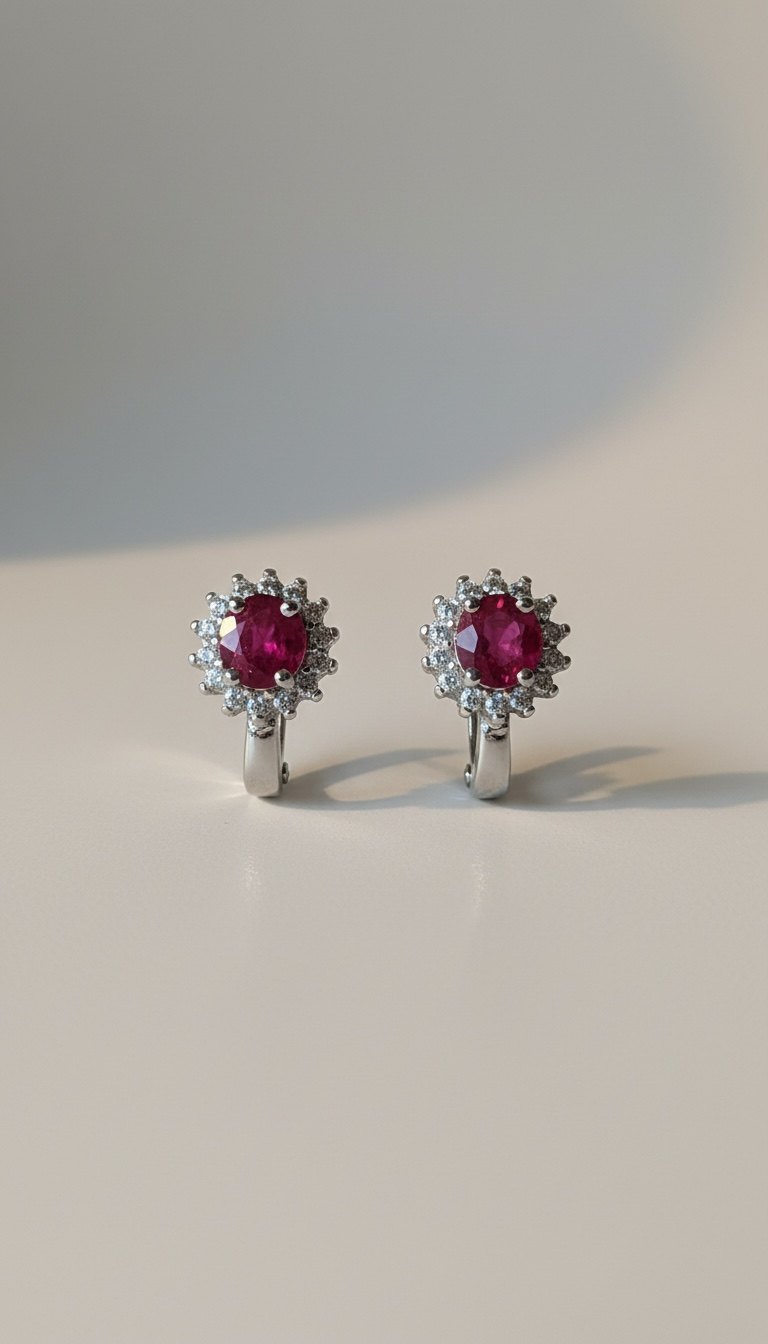 925 Zilveren Oorbellen met Robijnrode Cubic Zirconia en Halo