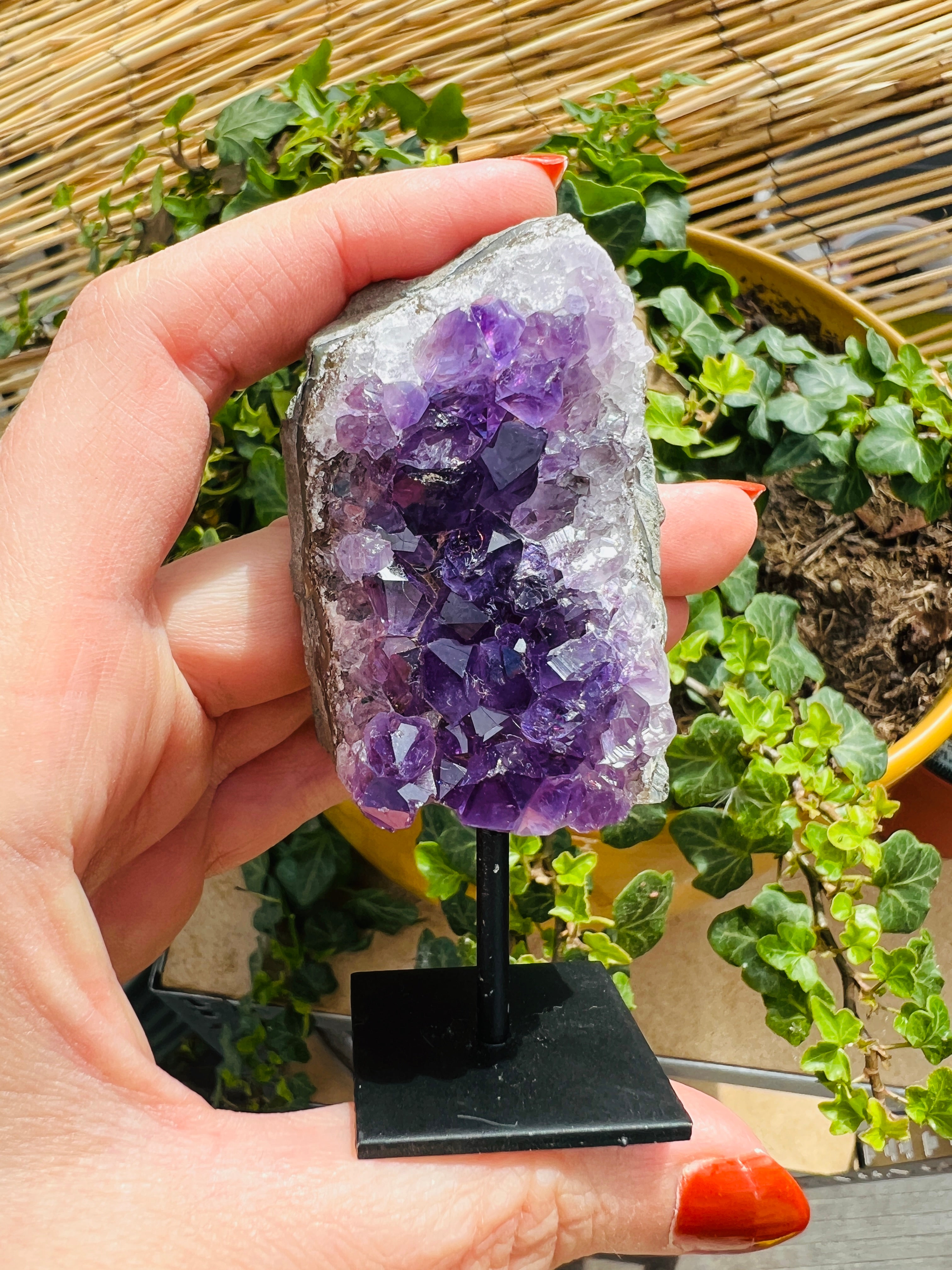 Amethyst crystal cluster on stand