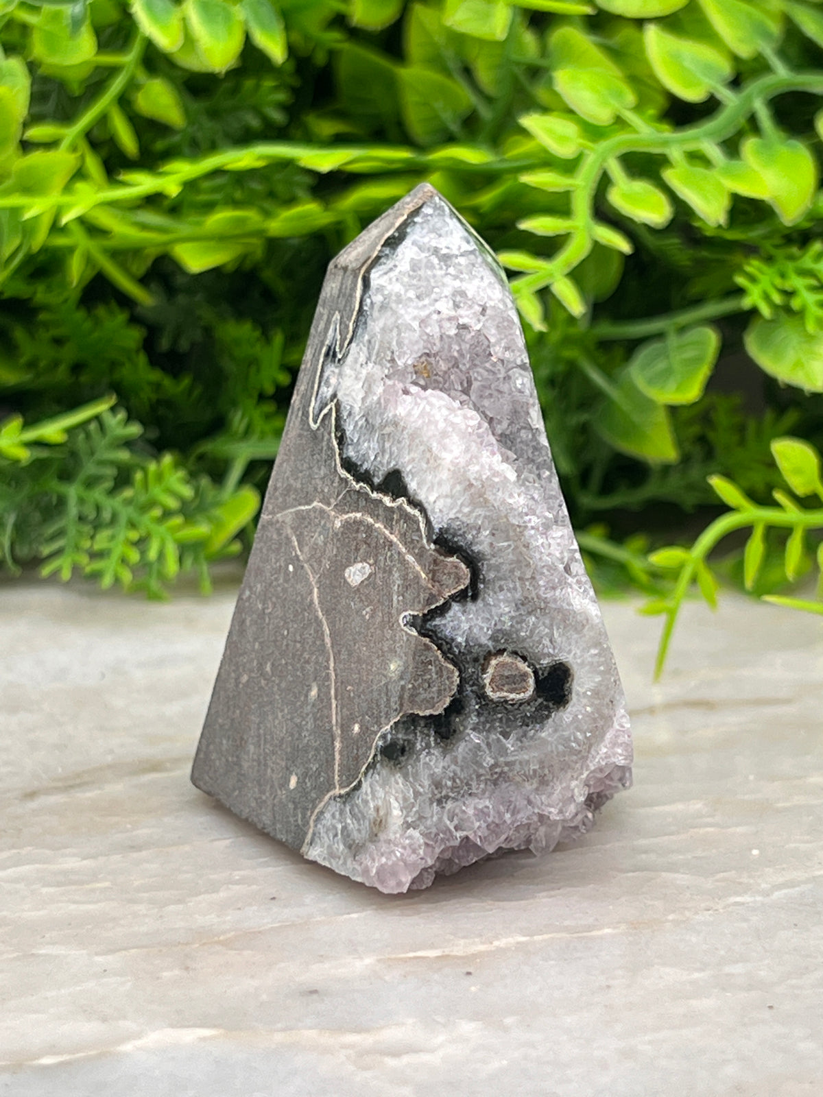 A large, jagged-edged rock formation with a dark gray hue and a small, round black spot on it, set against a backdrop of lush green foliage.