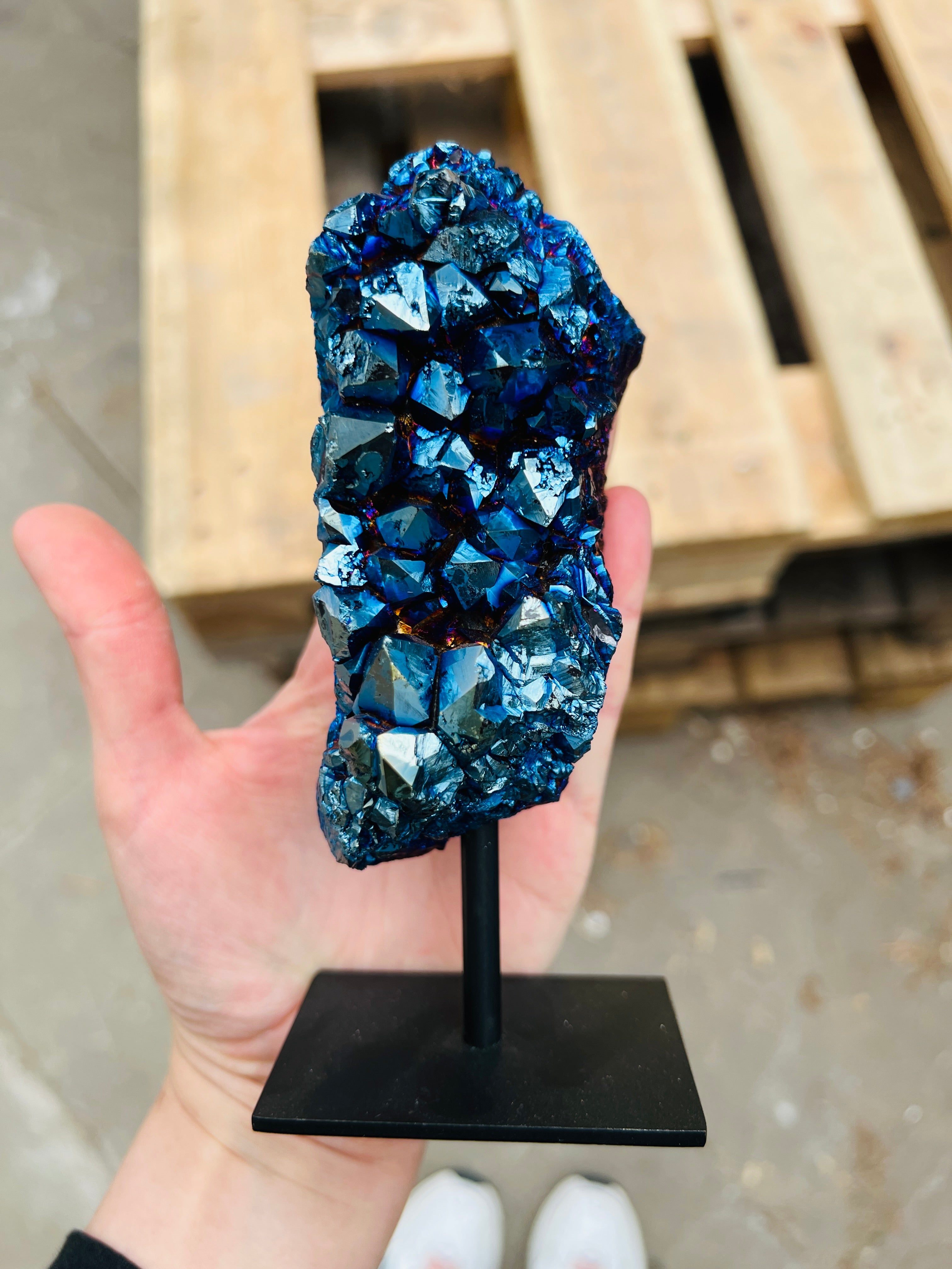 Amethyst coated blue rainbow aura on stand