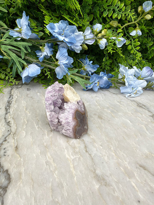 Amethyst cluster with calcite and agate