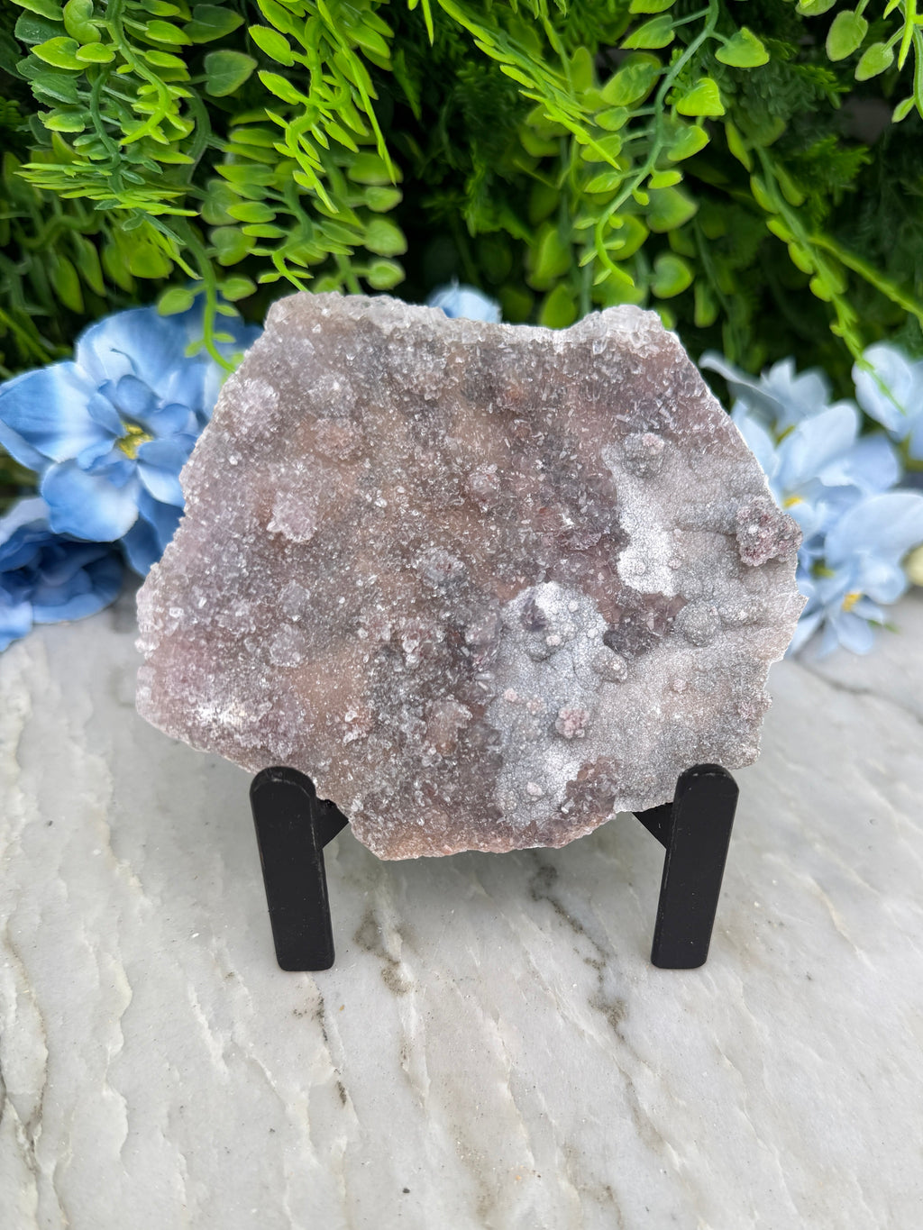 a piece of rock with a speckled surface, placed on a stand and surrounded by a variety of green foliage.