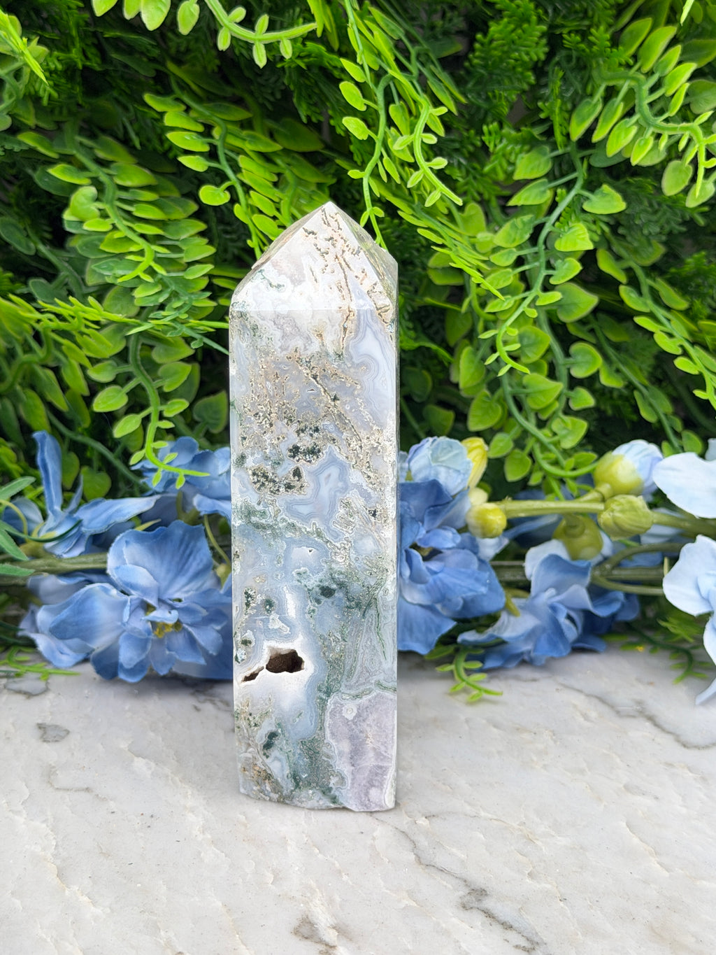 Mosagaat toren half gepolijst (452 gr/12 cm)