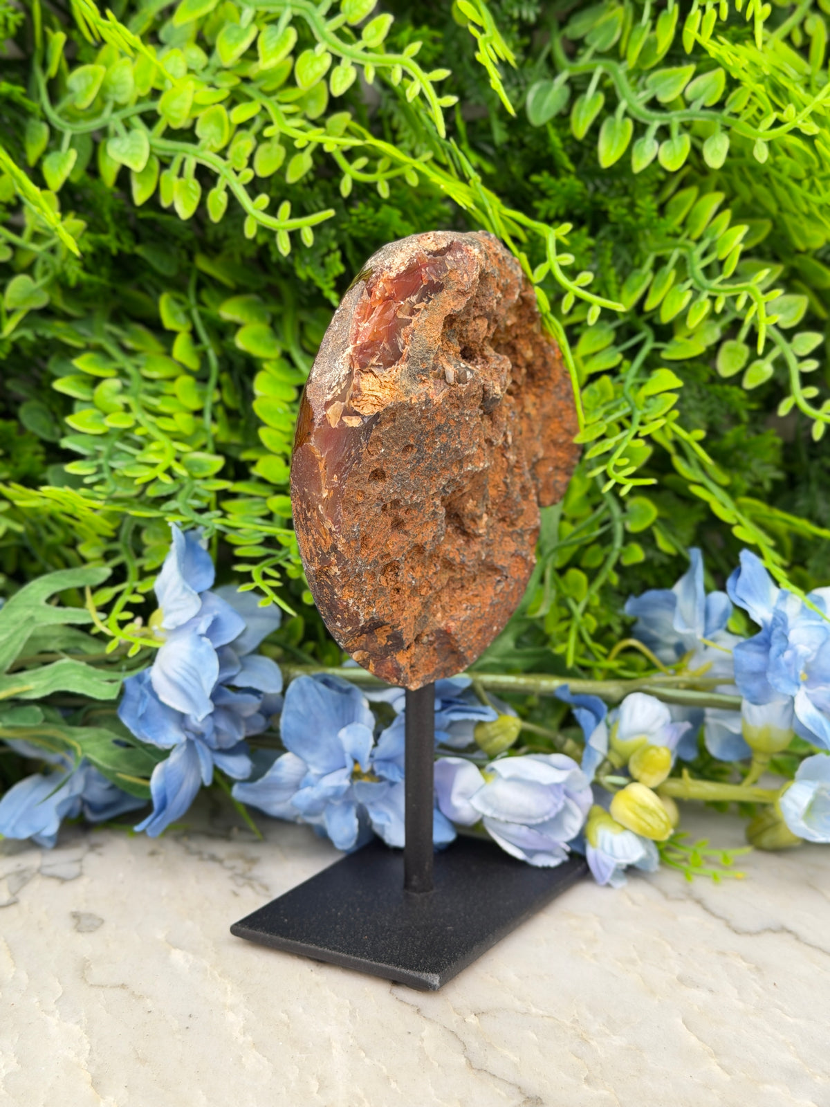 a large, round, brown rock on display, placed on a black stand and surrounded by blue flowers.