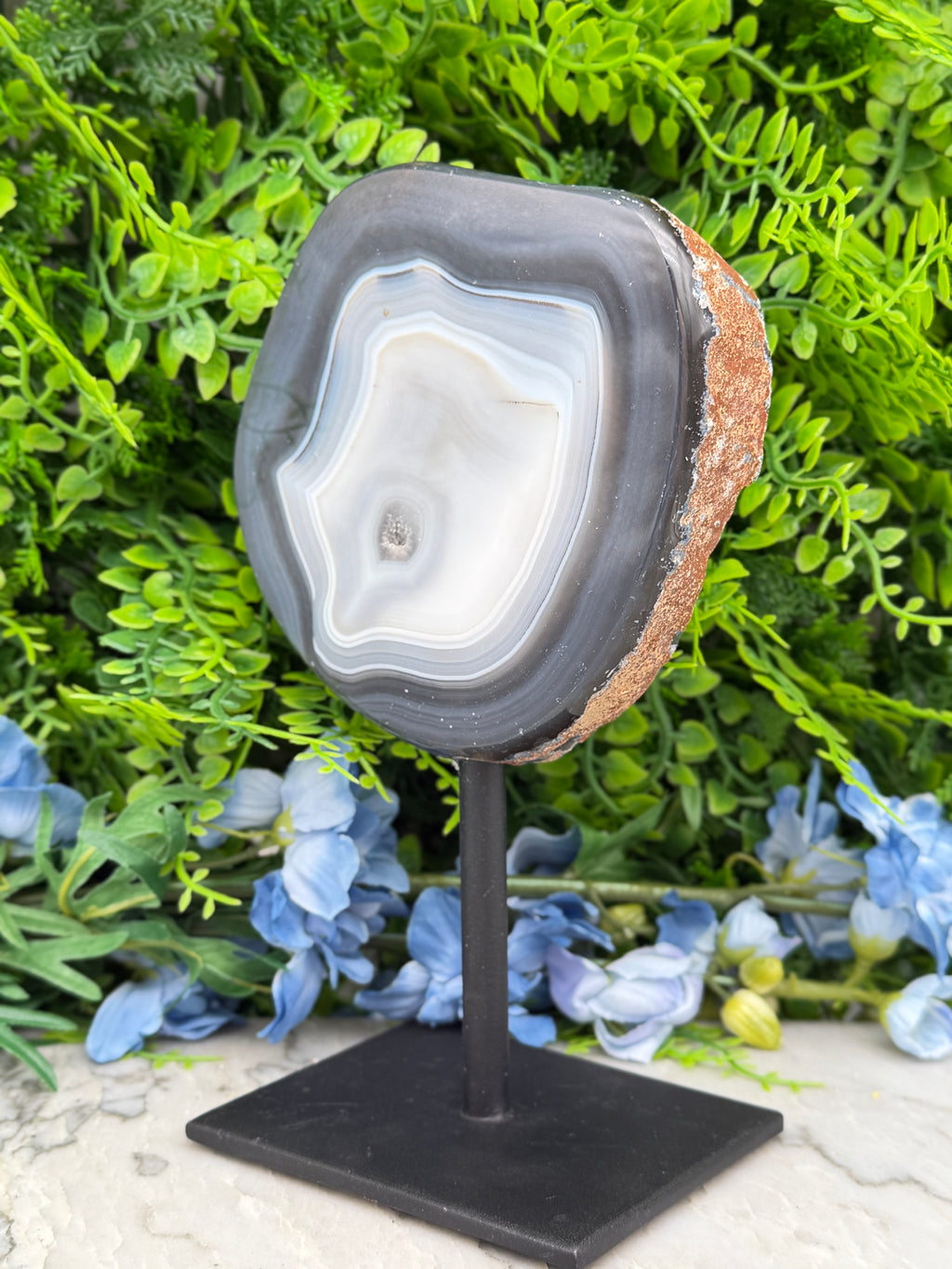 a large, irregularly shaped rock with a black and white striped pattern, placed on a black stand in front of a backdrop of green foliage and blue flowers.