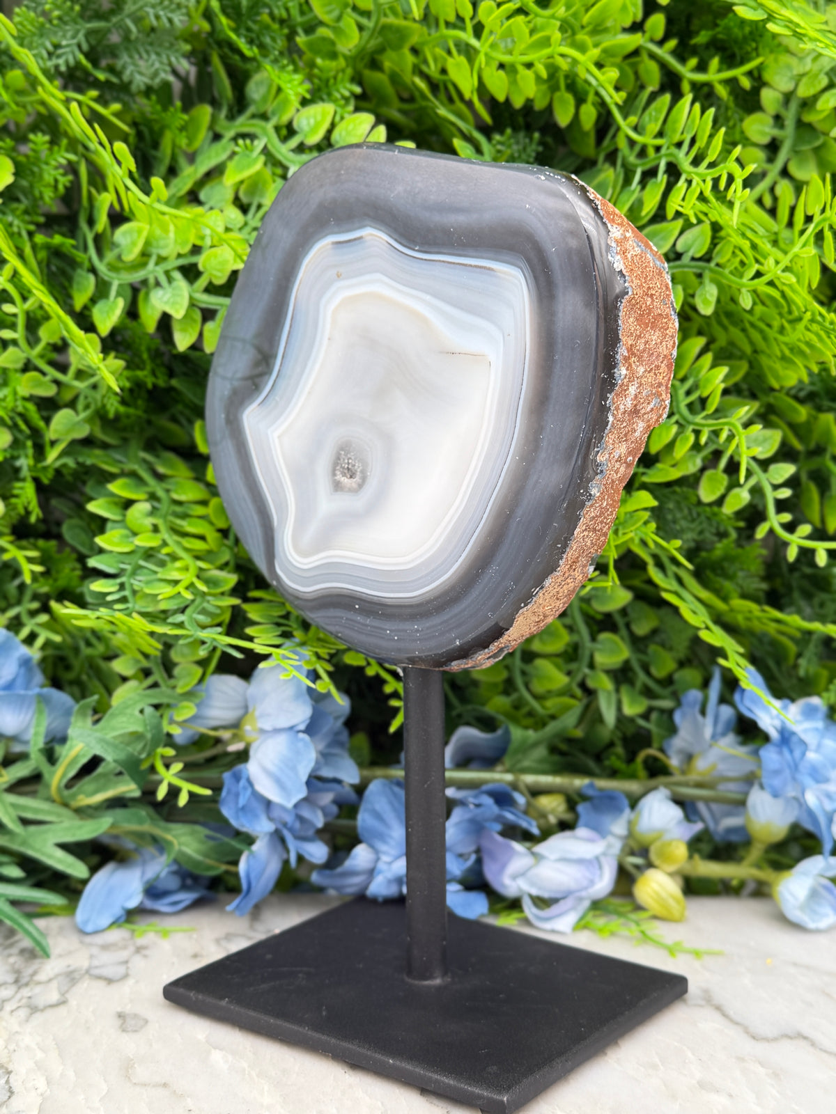 a large, irregularly shaped rock with a black and white striped pattern, placed on a black stand in front of a backdrop of green foliage and blue flowers.