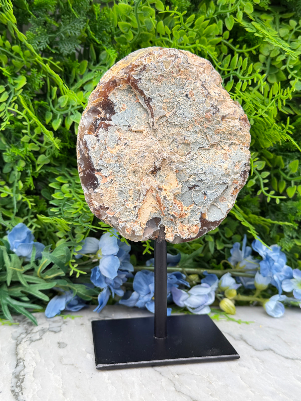 a round, weathered rock or stone on display, placed on a black stand in front of a backdrop of green foliage and blue flowers.