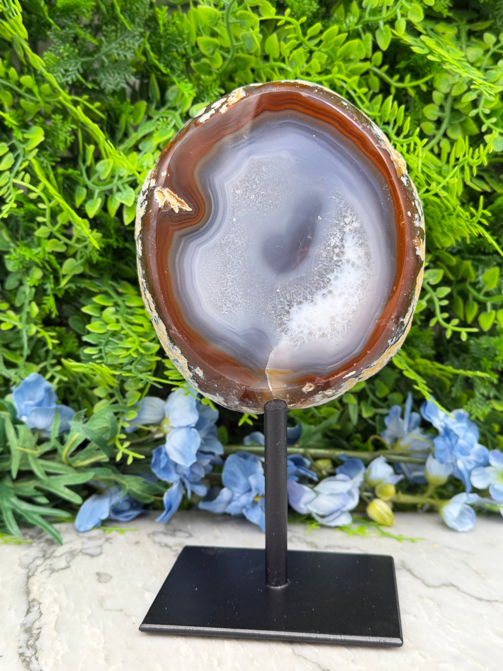 a round agate stone with a brown and white pattern, displayed on a black metal stand in front of a backdrop of green foliage and blue flowers.