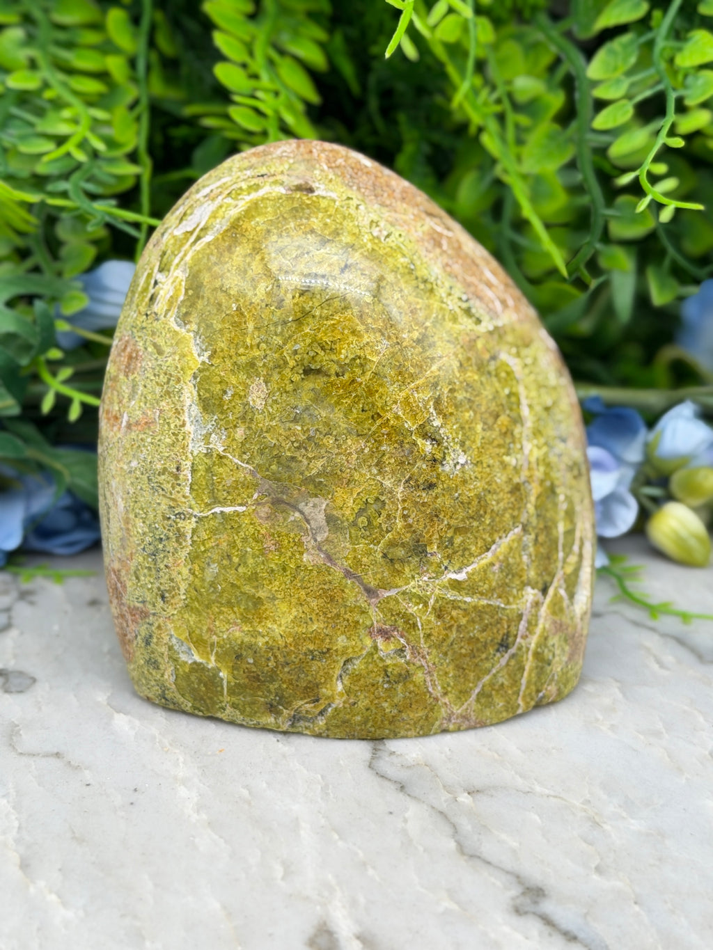 a large, oval-shaped rock with a greenish-brown hue, set against a backdrop of lush greenery and blue flowers.