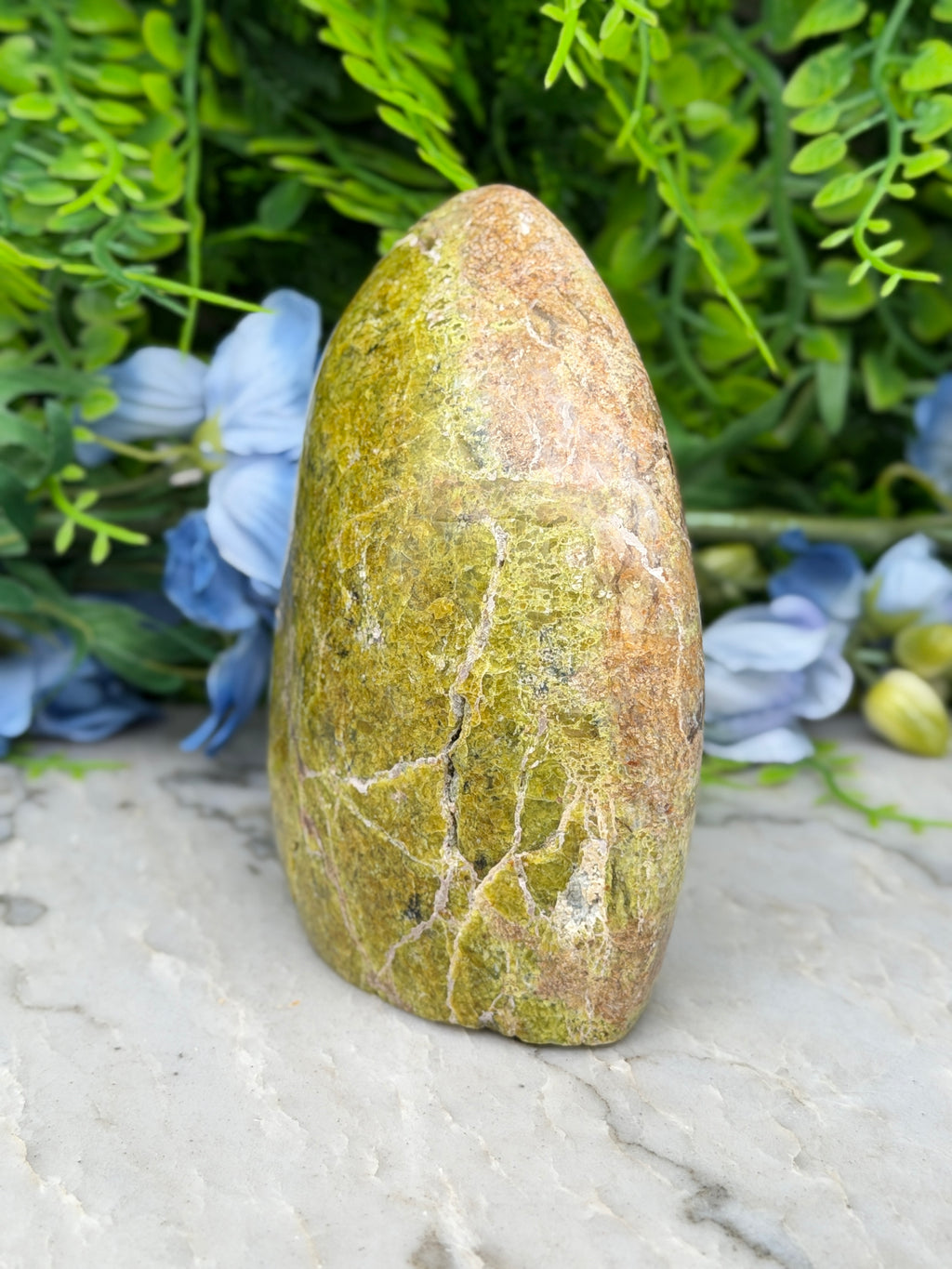 a large, jagged rock with a greenish-brown hue, set against a backdrop of lush, green foliage and delicate blue flowers.