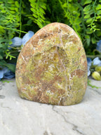 a large, irregularly shaped rock with a mix of green and brown hues, set against a backdrop of lush greenery and flowers.