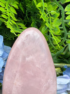 A close-up image of a pink gemstone, possibly a piece of jade, set against a background of green foliage.