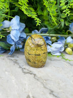 a yellowish-brown oval-shaped stone or gemstone, surrounded by blue flowers and green foliage.