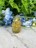 a yellowish-brown stone or rock sitting on a marble surface, surrounded by blue flowers and greenery.