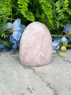 A pink gemstone rests on a marble surface, surrounded by lush green foliage and delicate blue flowers.
