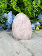 A pink crystal rests on a marble surface, surrounded by lush green foliage and blue flowers.