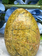 a close-up of a yellow and brown striped rock, possibly an egg-shaped stone, set against a blurred background of blue flowers.