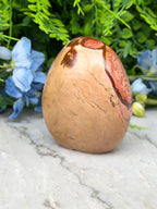 a brown, speckled rock with a striking pattern, placed on a marble surface. The rock is surrounded by a variety of blue flowers, creating a visually appealing contrast.