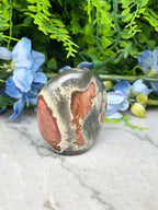 a large, round, and colorful stone with a unique pattern, placed on a marble surface. The stone has a mix of blue and brown hues, and it appears to be a natural formation. The stone is surrounded by a variety of green plants and flowers, creating a vibrant and visually appealing scene.