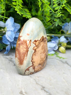 a stone with a unique, textured surface, surrounded by a variety of colorful flowers and foliage.