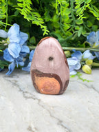 a pinkish-brown rock with a small hole in the center, surrounded by blue flowers and green foliage.