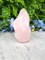 A pink crystal sits on a marble surface, surrounded by lush green foliage and blue flowers.