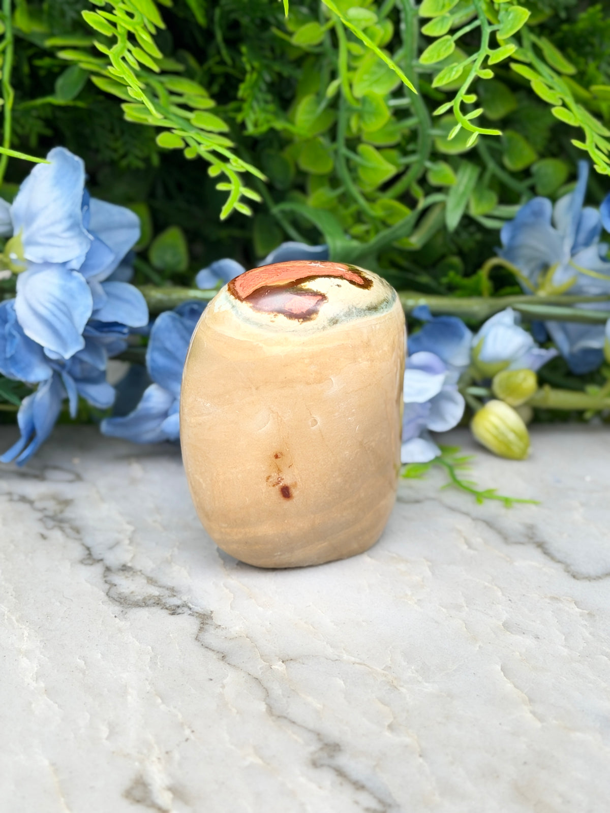 a small, round, beige stone or rock with a brownish top, placed on a marble surface surrounded by blue flowers.