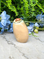 a light brown stone with a red spot on it, placed on a marble surface. The stone is surrounded by blue flowers and green foliage, creating a visually appealing and natural setting.