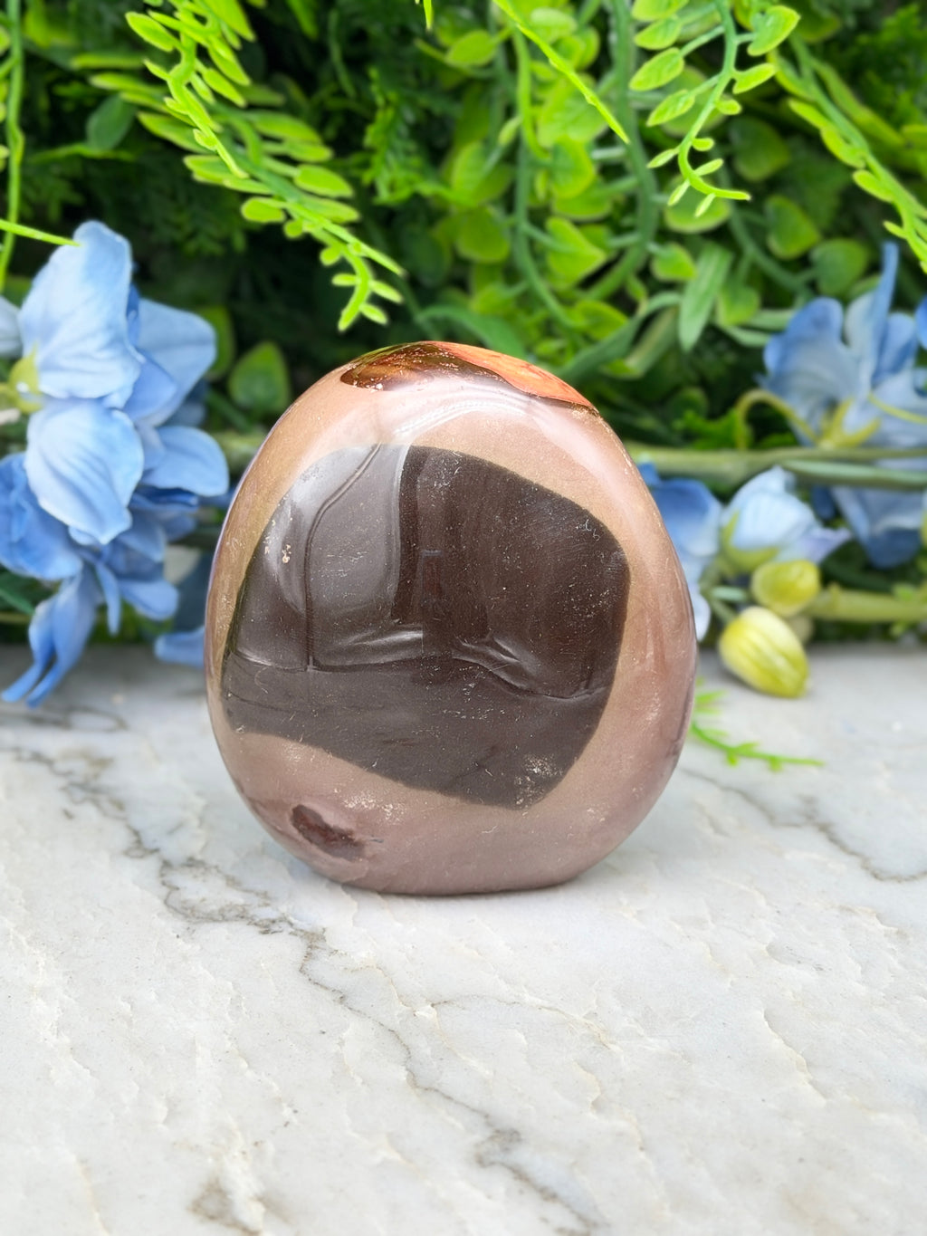 a brown and black stone, possibly a jade or amber, placed on a marble surface. The stone has a unique, textured appearance, and it is surrounded by a variety of green plants and blue flowers.