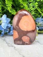 A jadeite, a type of jadeite, is displayed on a marble surface, surrounded by blue flowers.