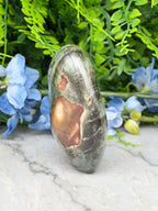 a large, irregularly shaped rock with a metallic, copper-toned surface, surrounded by a variety of green plants and blue flowers.
