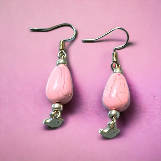 Pink gold bird pendant earrings