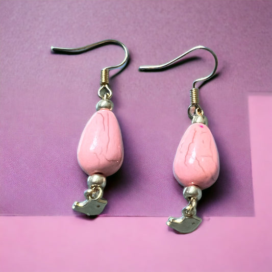 Pink gold bird pendant earrings