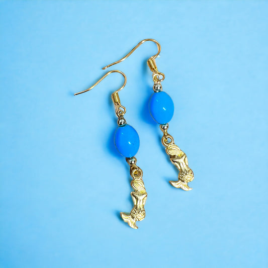 Blue gold mermaid earrings