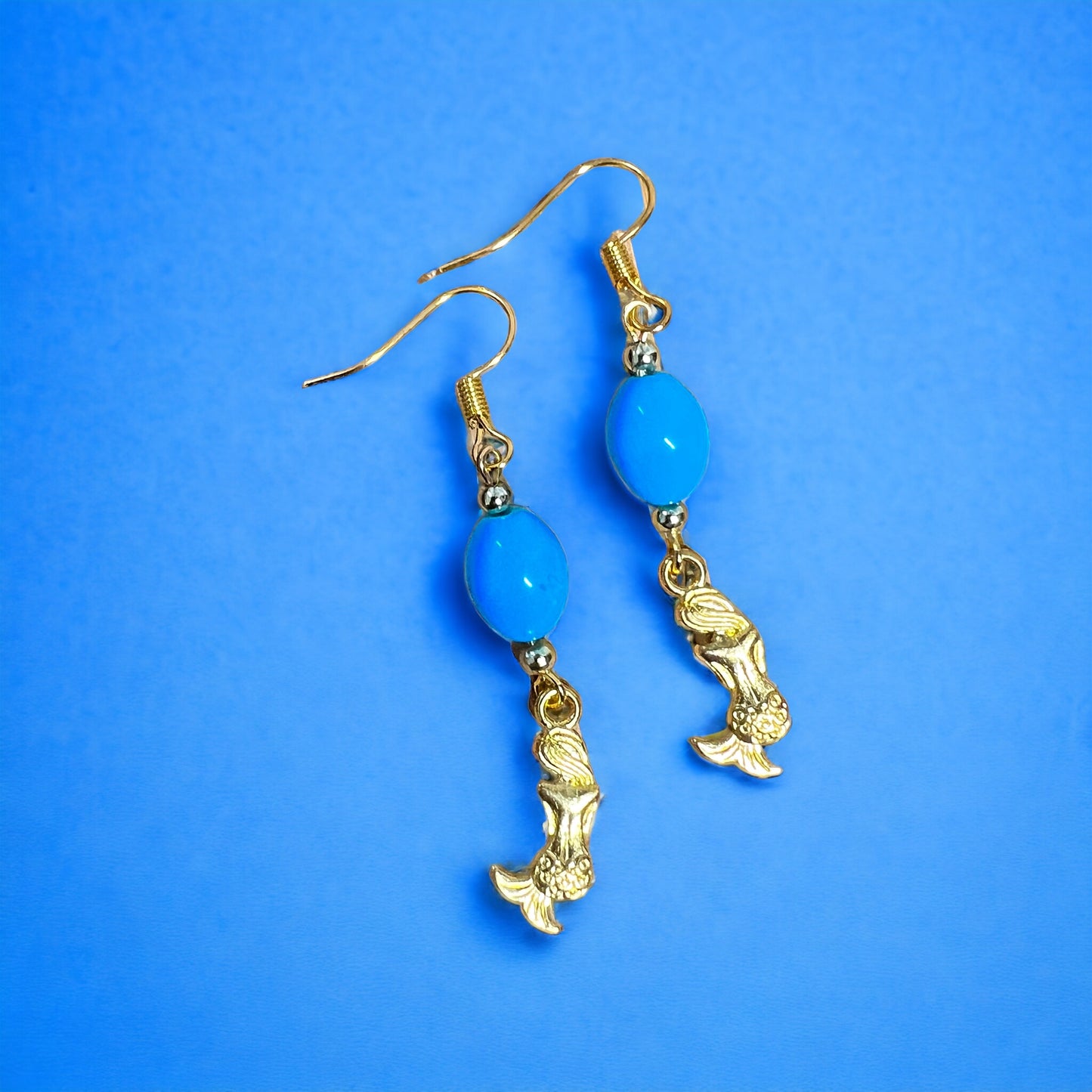 Blue gold mermaid earrings