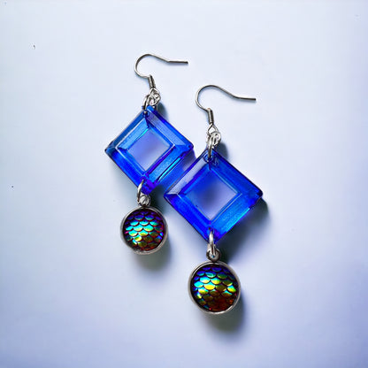 Blue chameleon silver earrings