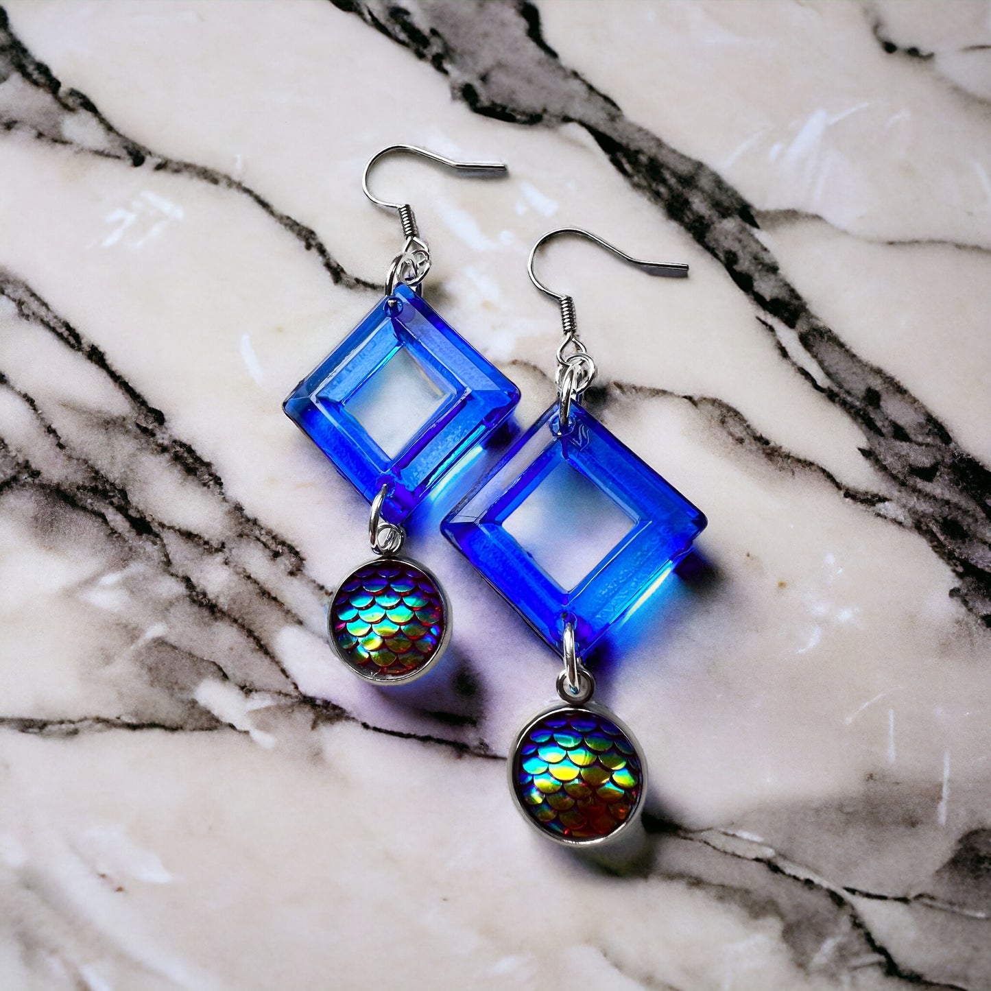 Blue chameleon silver earrings