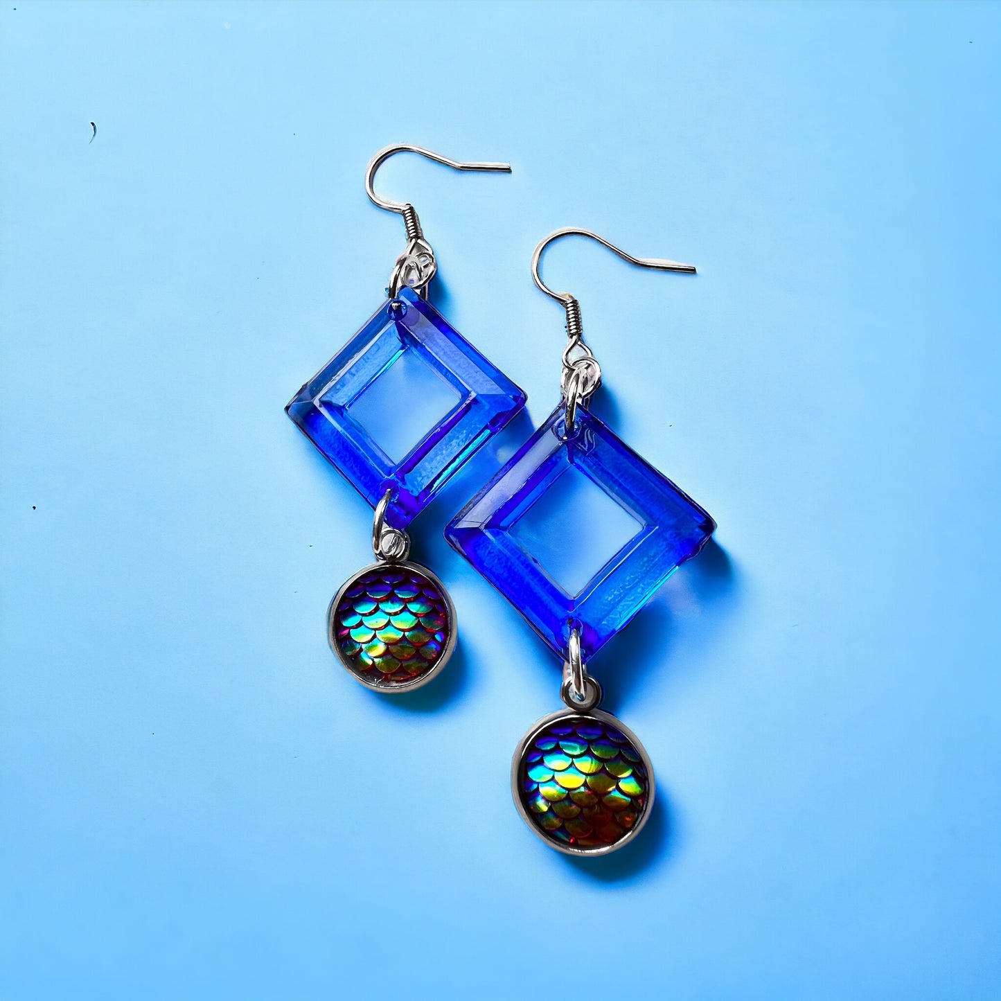 Blue chameleon silver earrings