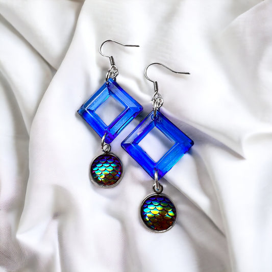 Blue chameleon silver earrings