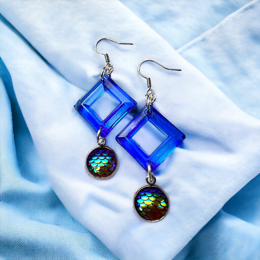 Blue chameleon silver earrings