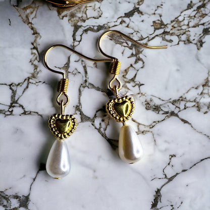 Gold pearl heart earrings